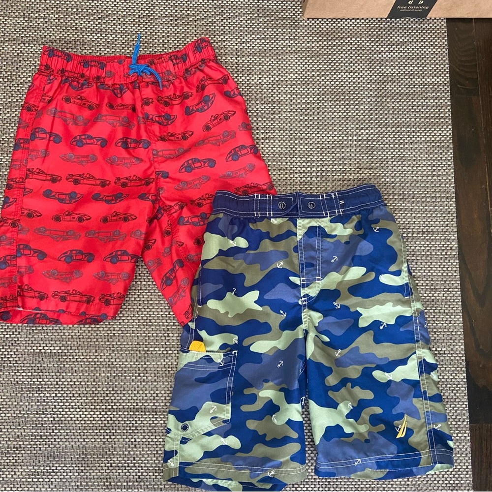 2 Pairs of Boys Size Small (7/8) Nautica Swim Trunks in Navy Blue/ Red